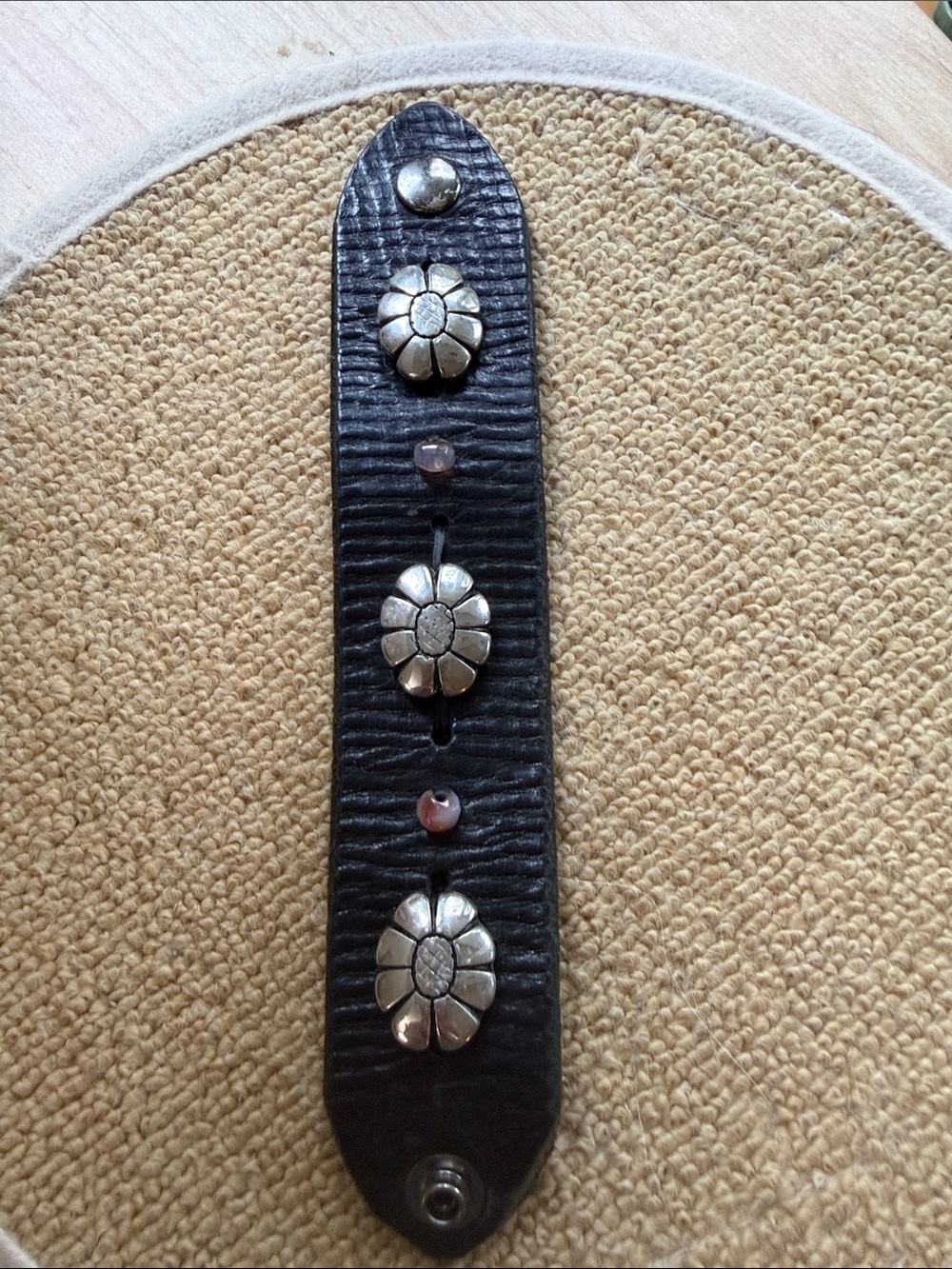 Black Leather Flower Concho Snap Bracelet.